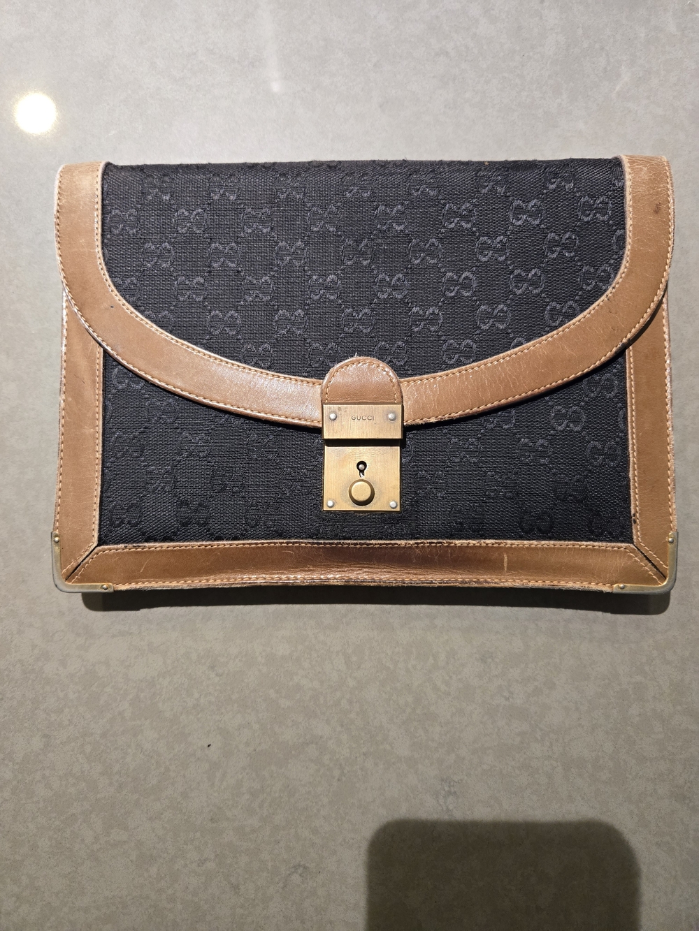 Gucci Vintage Black Canvas and Tan Leather Clutch Or Crossbody Option